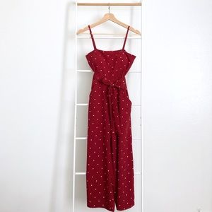 Red White Polka Dot Waist Tie Sleeveless Jumpsuit